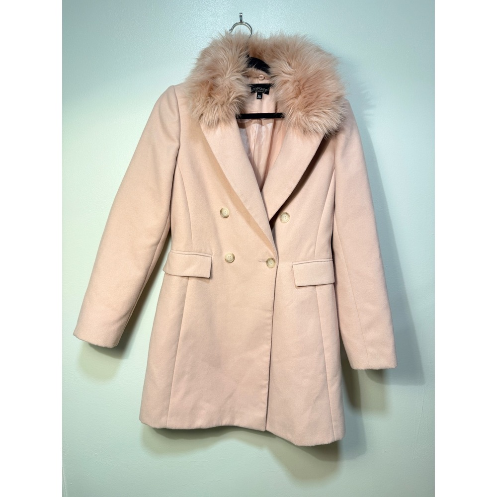 Topshop Coat Size 6 Blush Naomi Faux Fur Collar Double Breasted Pink Jacket